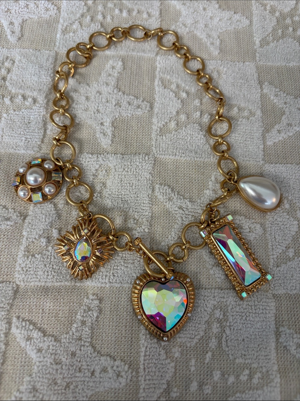 Gold-Tone Aurora Crystal Charm Necklace with Heart and Pearl Drops